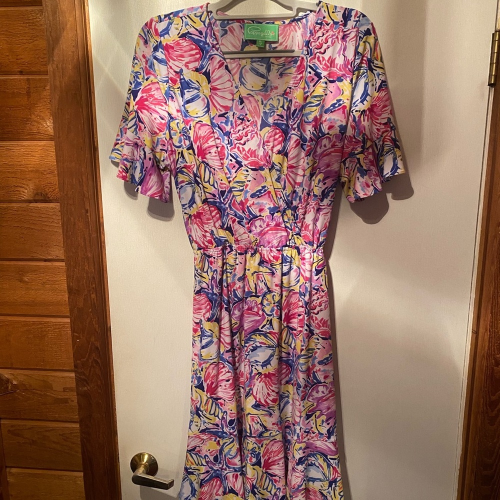 Pink Floral Wrap Dress with Blue & Yellow Accents